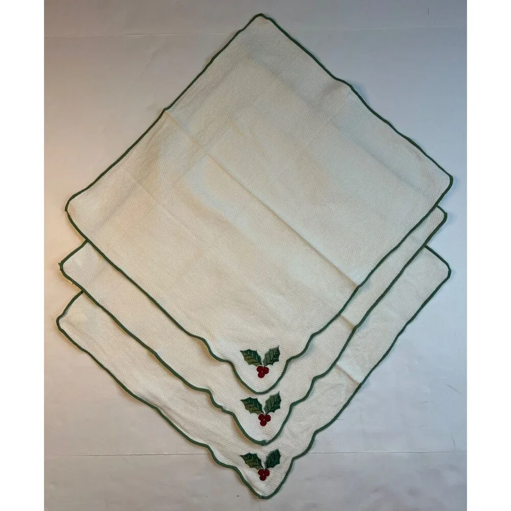 6 Embroidery Luncheon Napkins Christmas Napkins Holly Berries 17x15